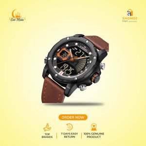 NAVIFORCE NF9134 Chocolate PU Leather Dual Time Wrist Watch for Men- Brown & Black