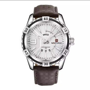 Navi force NF9117 - Coffee PU Leather Analog Watch for Men - Silver and Coffee