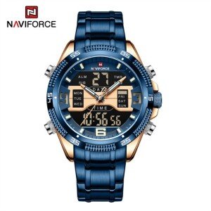 NAVIFORCE NF9201 Royal Blue Stainless Steel Dual Time Watch For Men - RoseGold & Royal Blue