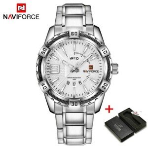 Navi force NF9117 - Coffee PU Leather Analog Watch for Men - Silver and Coffee