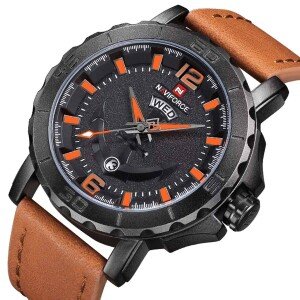 NAVIFORCE NF9122 - Dark Brown Leather Analog Watch for Men- Brown & Orange