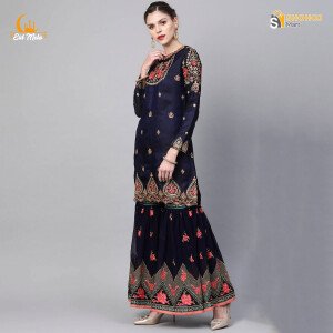 Navy Blue & Pink Made-To-Measure Zari Embroidered Unstitched Dress with Sharara & Dupatta