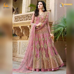 Heavy Embroidery with Stone Works Semi-stitched Tissue Anarkali Dress Long Floor Touch Party Dress for Women
