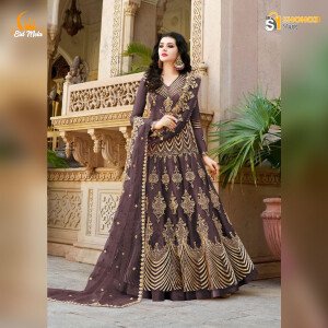 Heavy Embroidery with Stone Works Semi-stitched Tissue Anarkali Dress Long Floor Touch Party Dress for Wo