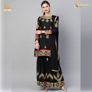 Women Black & Golden Made to Measure Zari Embroidered Unstitched Dress with Sharara & Dupatta