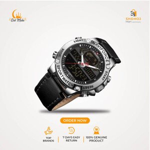 NAVIFORCE 9164 Quartz Watch Leather Waterproof Military Dual Display Clock For Male
