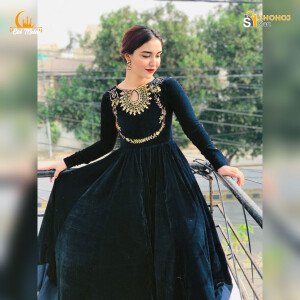 velvet fabics ready made Embroidery work one piece gown for woman