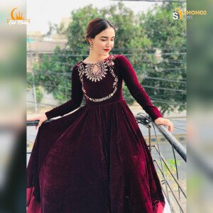 velvet fabics ready made Embroidery work one piece gown for woman
