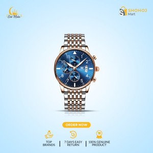 OLEVS 2869 Silver & RoseGold Two Tone Stainless Steel Chronograph Wrist Watch For Men - RoyalBlue & Silver "