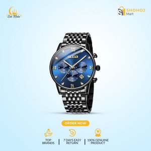 OLEVS 2868 Black Stainless Steel Chronograph Wrist Watch For Men - Royal Blue & Black "