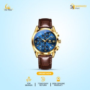 OLEVS 2872 Leather Quartz Business Edition(Coffee,Gold and Blue)