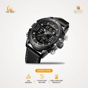 NAVI forCE NF9153 Black PU Leather Dual Time Wrist Watch for Men - Black