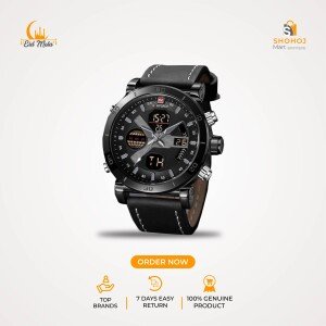 NAVIFORCE NF 9132 Leather Belt Dual Display Alarm Clock Wrist Watch For Men Waterproof